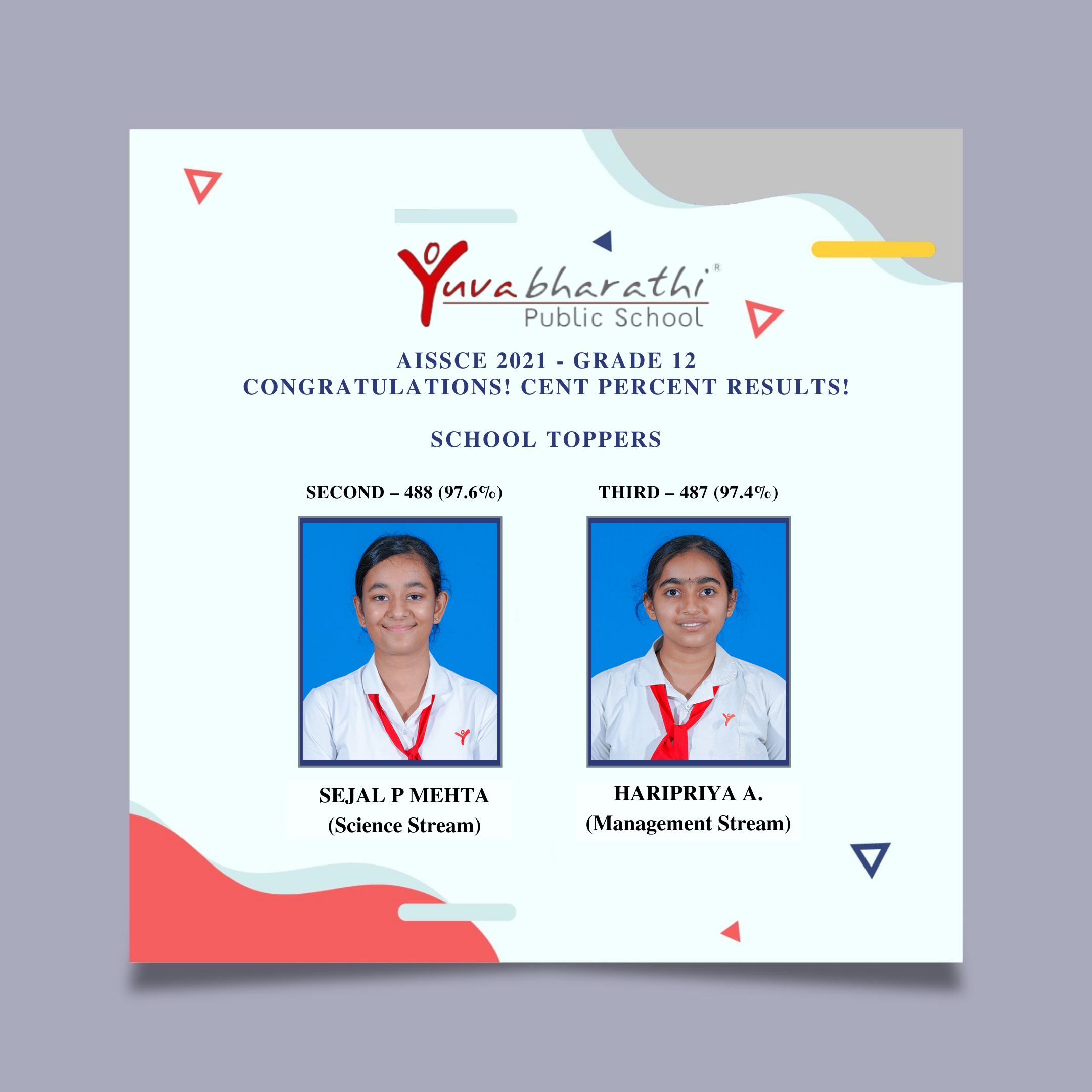  Top CBSE School Coimbatore | AISSCE 2021 - Grade 12 | School Toppers - Sejal P Mehta and Haripriya A. 