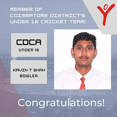 Yuvabharathi's Kavin T Shah selected for Coimbatore District Under 16 Cricket Team