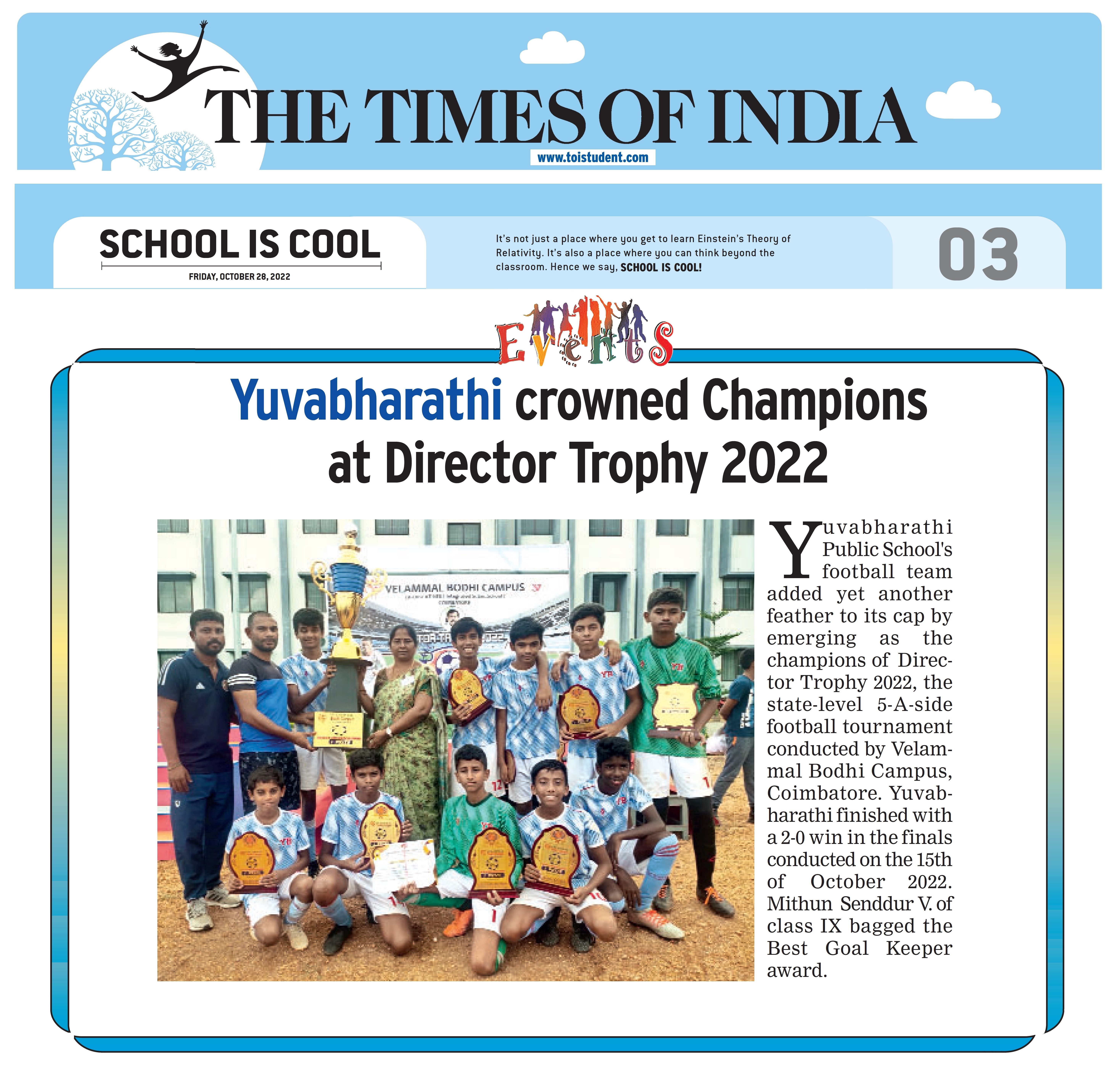 The Times of India Director Trophy 2022 Article | Top CBSE School in Coimbatore.