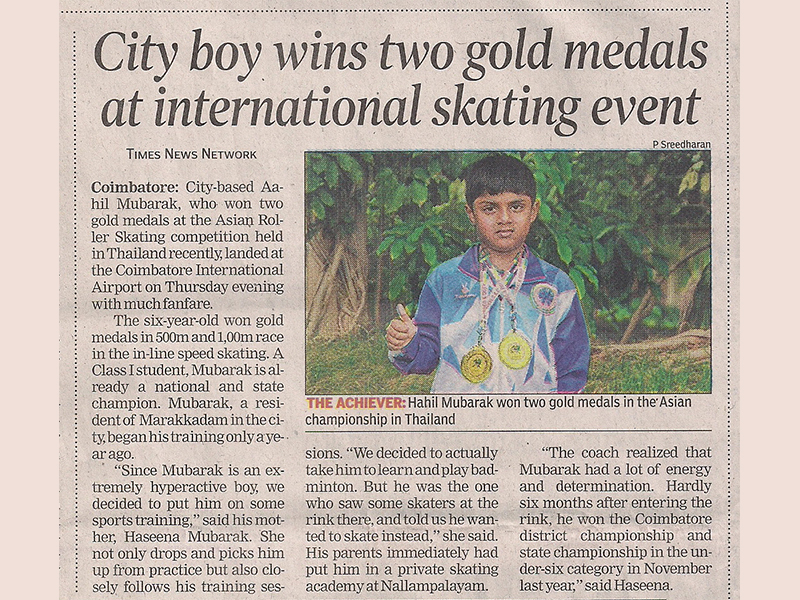 Aahil Mubarak - Grade 1 at YBPS | Gold medallist in speed skating at the Asian Roller skating competition 2017