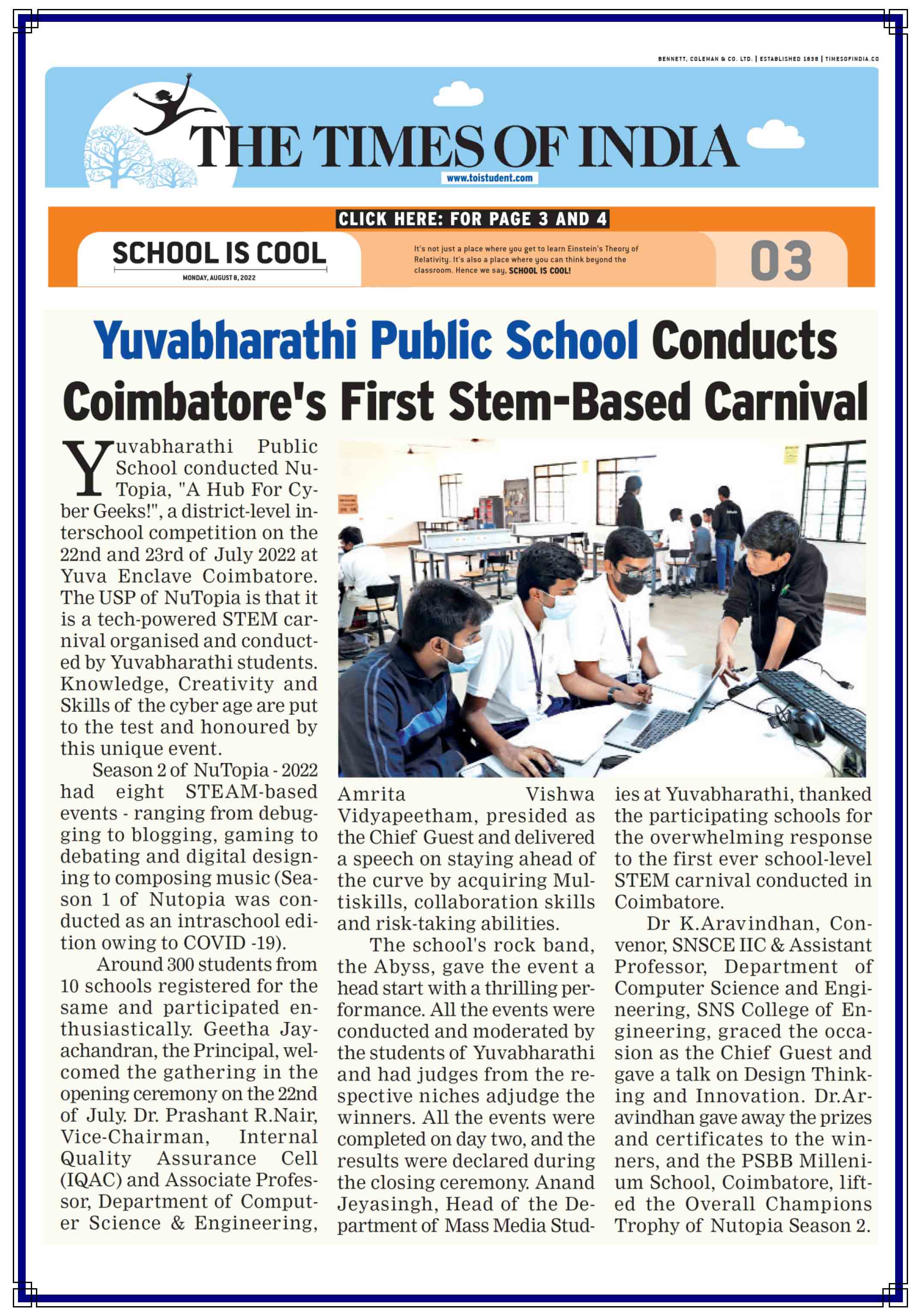 Yuvabharathi First STEM -based Carnival | The Times of India dated 08.08.2022