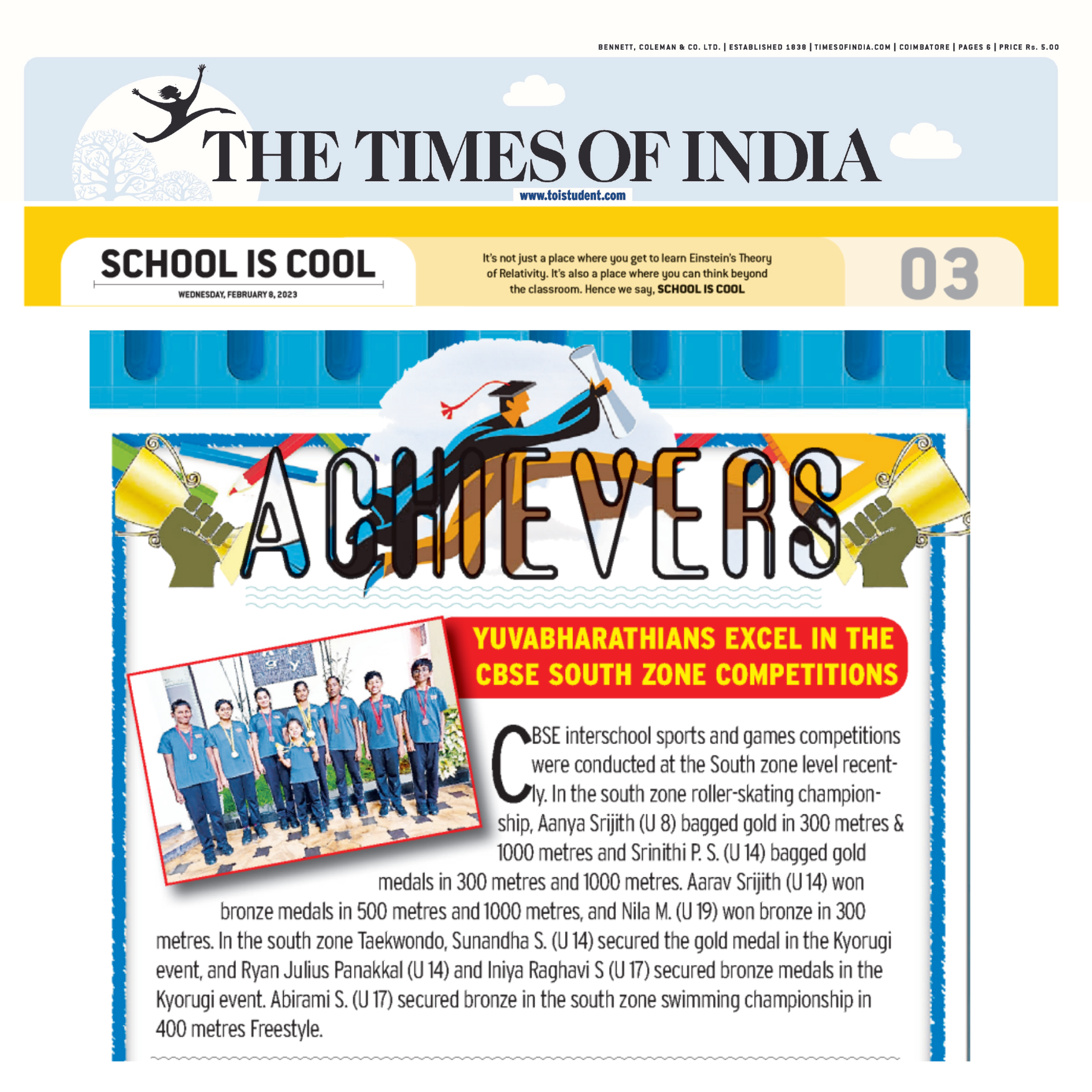 Yuvabharathians excel in the CBSE South Zone competitions article - Times of India | Best CBSE School in Coimbatore
