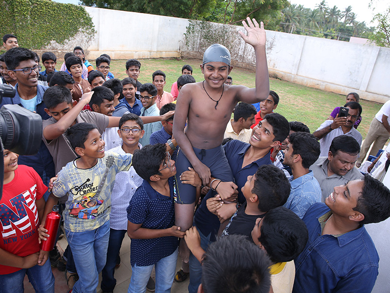 Sudhay S., Grade 10, YBPS congratulated for eight-hour swimathon  world record | Swimming pool at Yuvabharathi Public School