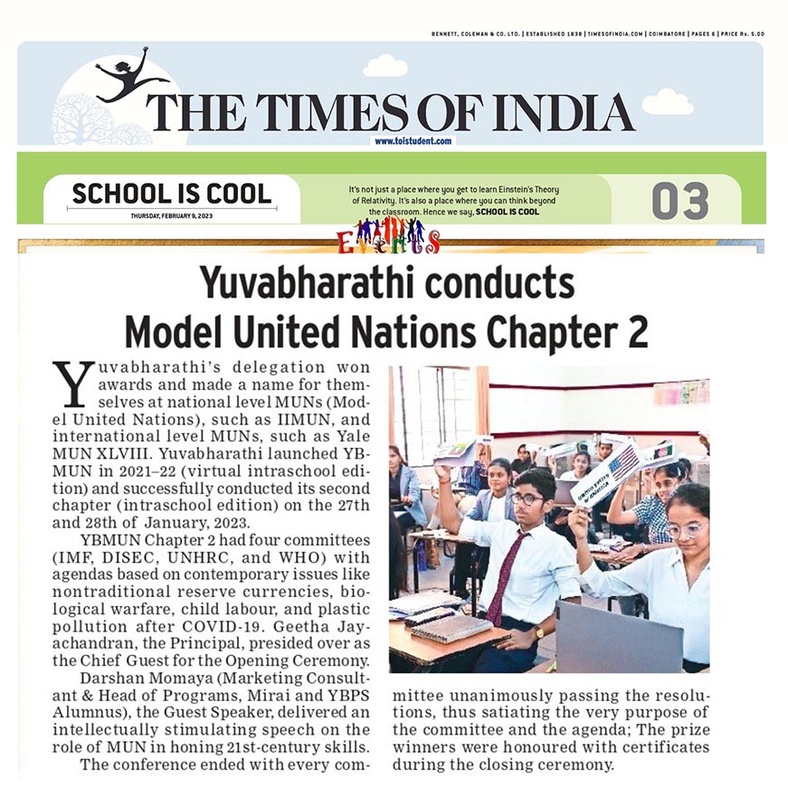 Yuvabharathi Model United Nations Chapter 2 - Times of India | Best CBSE School